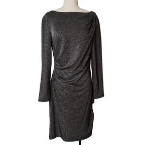 Eliza J Dress Womens 14 Black Silver Shimmer Gathered Draped Sheath New